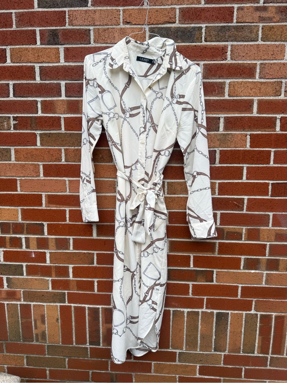 Lauren Ralph Lauren Equestrian Chain Print Belted Maxi Shirt Dress Size 12